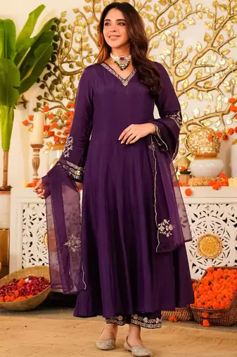 Purple embroiderd viscose anarkali suit