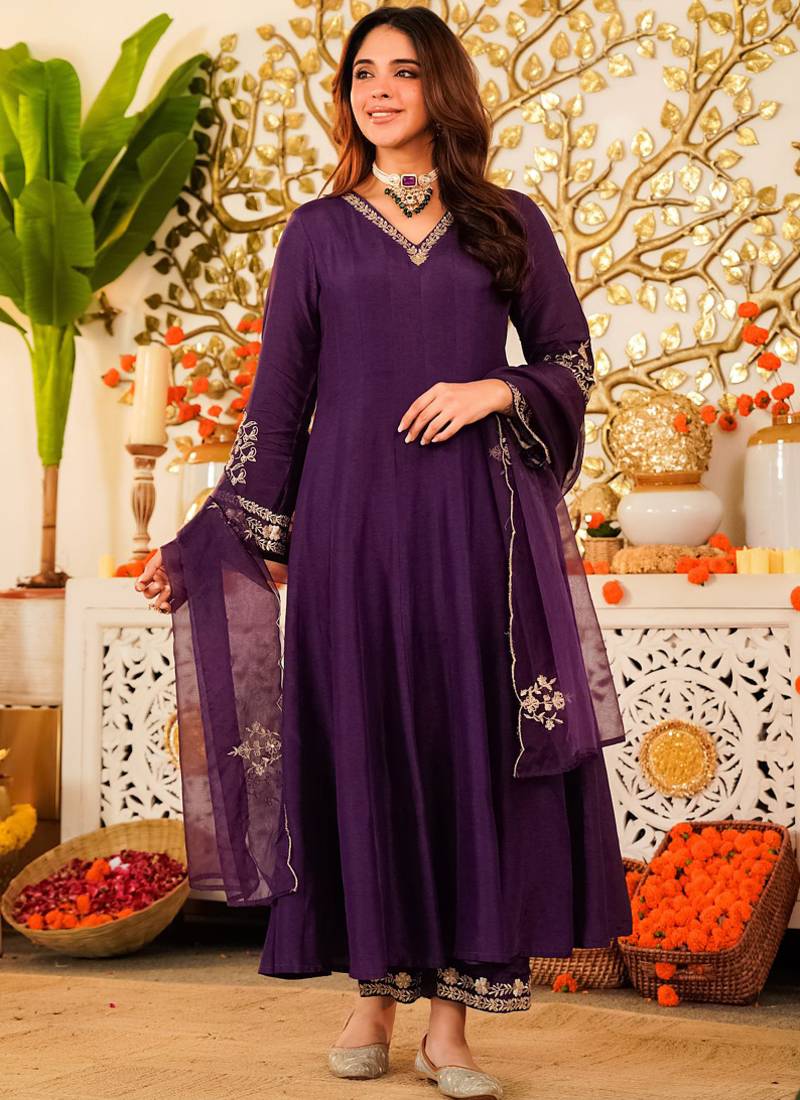 Purple embroiderd viscose anarkali suit