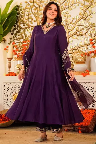 Purple embroiderd viscose anarkali suit