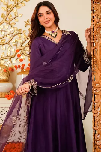 Purple embroiderd viscose anarkali suit