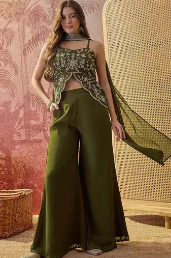 Oilve-green embroidered western suit