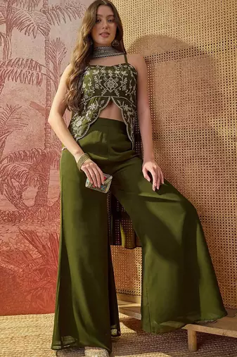 Oilve-green embroidered western suit