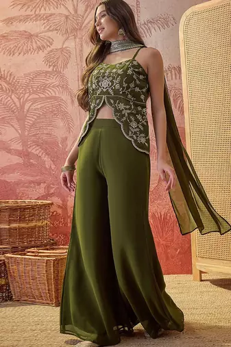 Oilve-green embroidered western suit