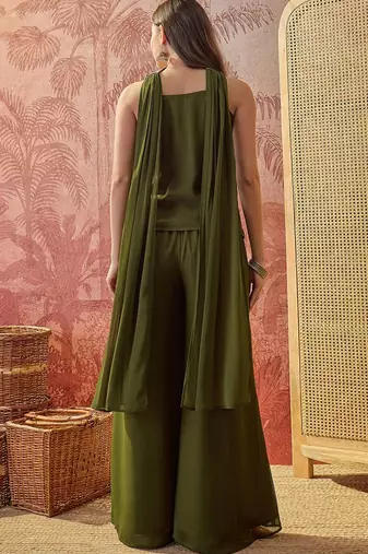 Oilve-green embroidered western suit