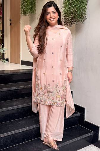 Light-peach embroidered crepe salwar suit