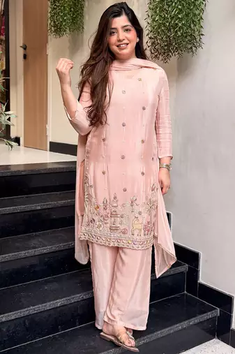 Light-peach embroidered crepe salwar suit