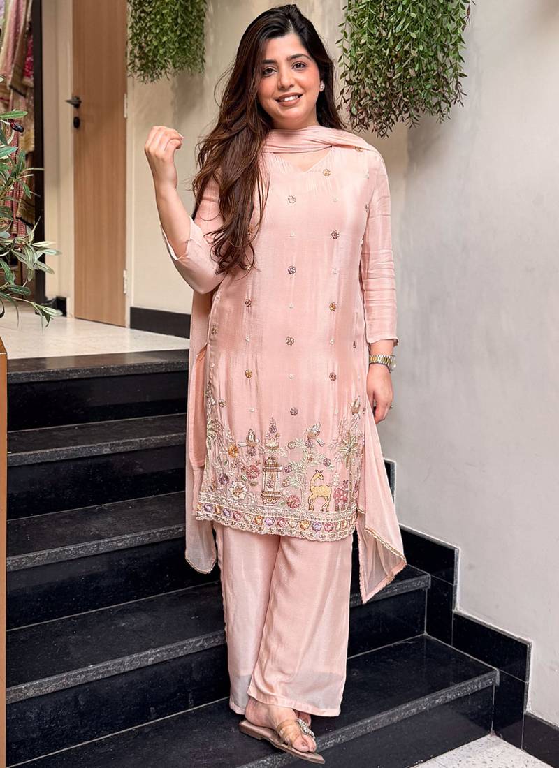 Light-peach embroidered crepe salwar suit
