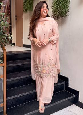Light-peach embroidered crepe salwar suit 2