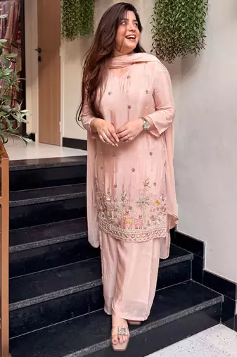 Light-peach embroidered crepe salwar suit