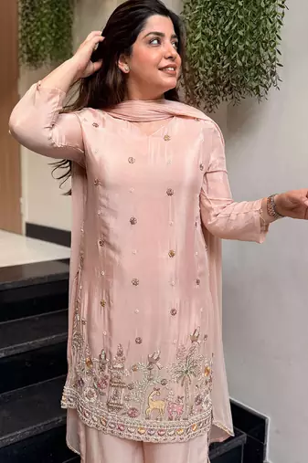Light-peach embroidered crepe salwar suit