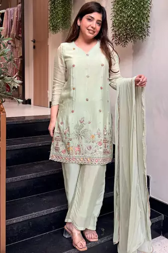 Seg-green embroidered crepe salwar suit