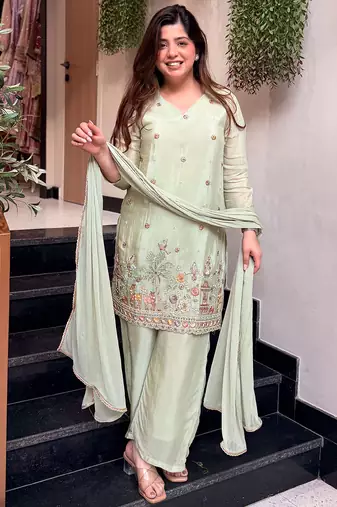 Seg-green embroidered crepe salwar suit