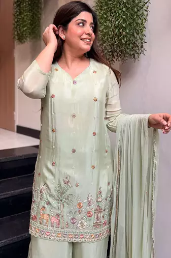 Seg-green embroidered crepe salwar suit