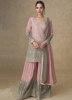 Pink and grey embroidered georgete  sharara style suit 1