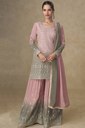 Pink and grey embroidered georgete  sharara style suit
