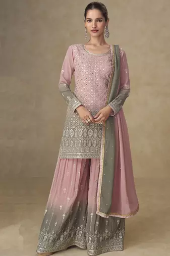 Pink and grey embroidered georgete  sharara style suit