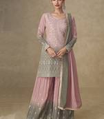 Pink and grey embroidered georgete  sharara style suit