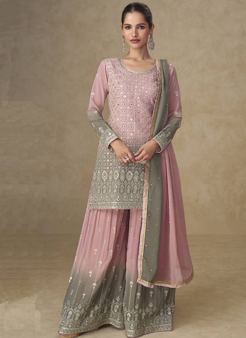 Pink and grey embroidered georgete  sharara style suit
