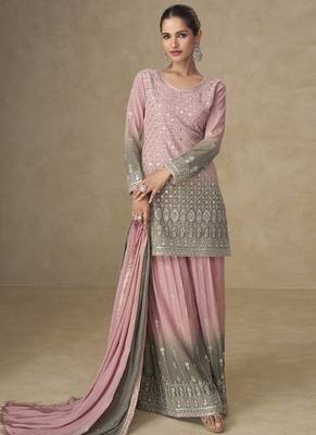Pink and grey embroidered georgete  sharara style suit 2