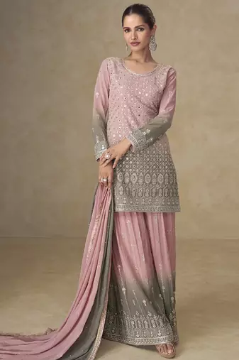 Pink and grey embroidered georgete  sharara style suit