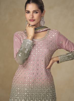 Pink and grey embroidered georgete  sharara style suit 3