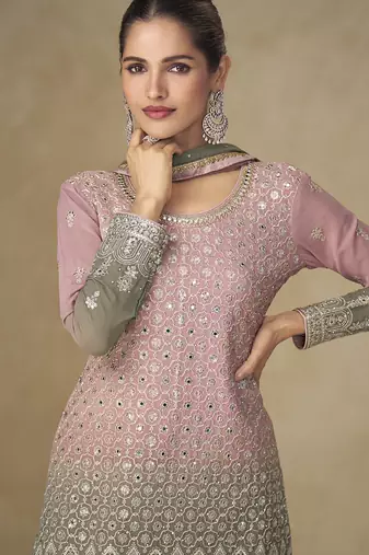 Pink and grey embroidered georgete  sharara style suit