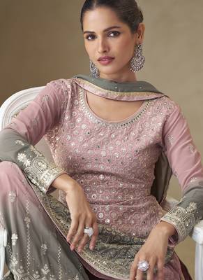 Pink and grey embroidered georgete  sharara style suit 4