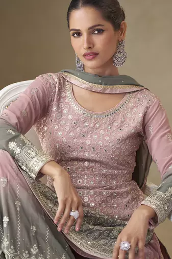 Pink and grey embroidered georgete  sharara style suit