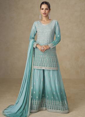 Sky-blue embroidered georgete sharara style suit 1