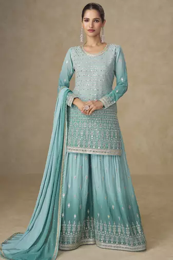 Sky-blue embroidered georgete sharara style suit