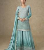 Sky-blue embroidered georgete sharara style suit
