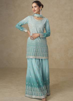 Sky-blue embroidered georgete sharara style suit 2