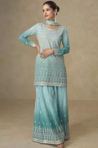 Sky-blue embroidered georgete sharara style suit