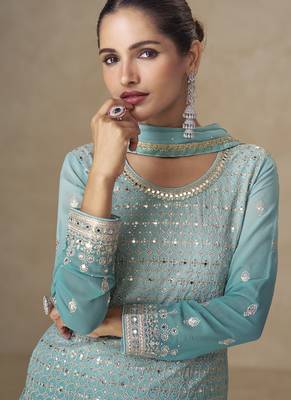 Sky-blue embroidered georgete sharara style suit 3