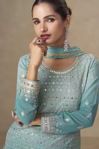 Sky-blue embroidered georgete sharara style suit