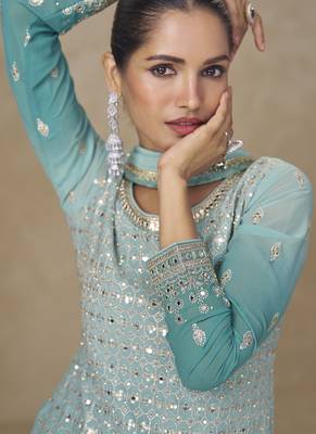 Sky-blue embroidered georgete sharara style suit 4