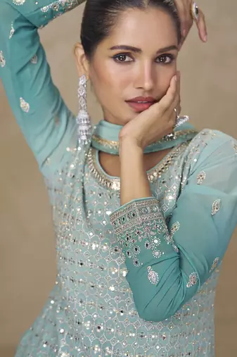 Sky-blue embroidered georgete sharara style suit