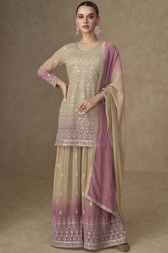 Beige and pink embroidered georgete sharara style suit