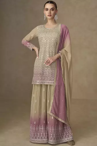 Beige and pink embroidered georgete sharara style suit