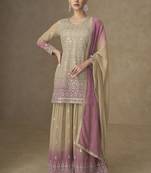 Beige and pink embroidered georgete sharara style suit