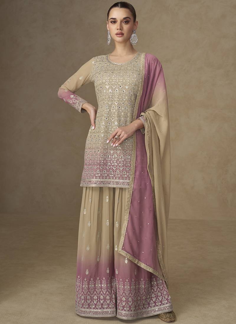 Beige and pink embroidered georgete sharara style suit