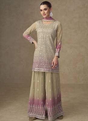 Beige and pink embroidered georgete sharara style suit 2