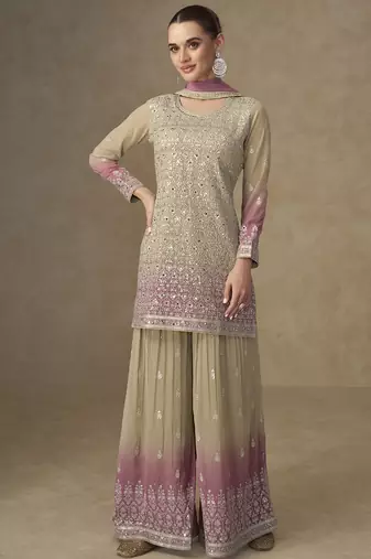Beige and pink embroidered georgete sharara style suit