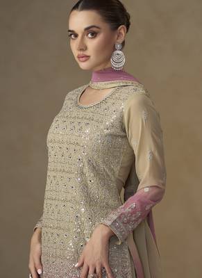 Beige and pink embroidered georgete sharara style suit 3