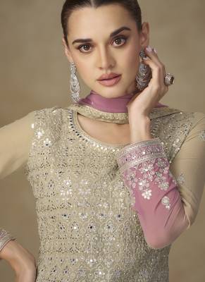 Beige and pink embroidered georgete sharara style suit 4