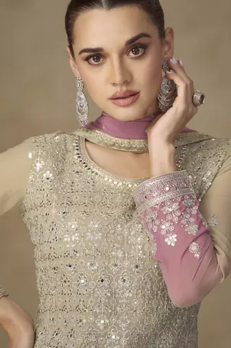 Beige and pink embroidered georgete sharara style suit