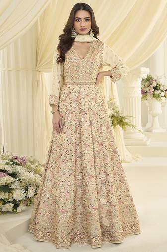 Off-white embroidered georgette anarkali suit