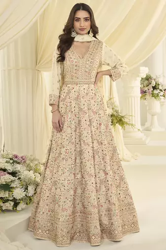 Off-white embroidered georgette anarkali suit