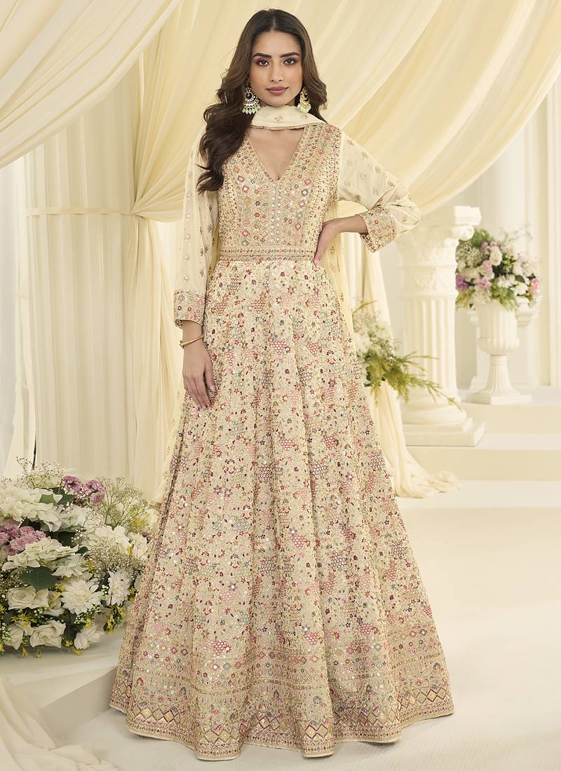 Off-white embroidered georgette anarkali suit