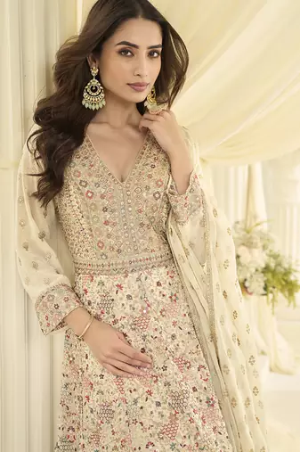 Off-white embroidered georgette anarkali suit